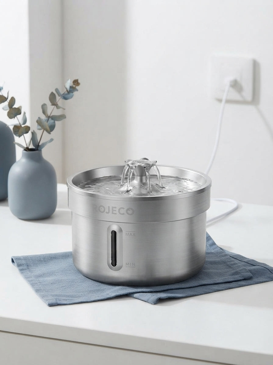 Stainless steel pet water fountain with a gentle stream of water on a minimalist white surface with blue accents.